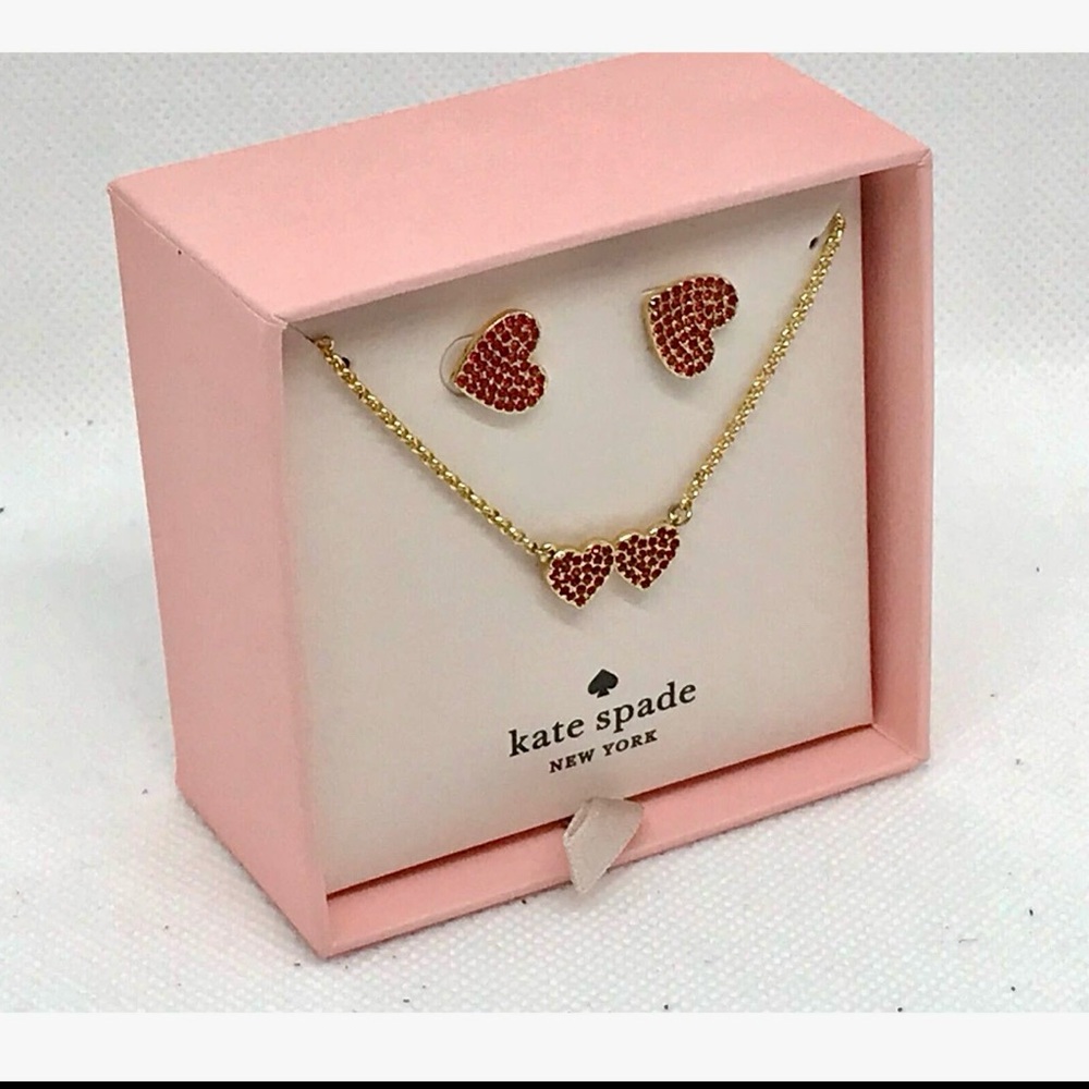 Kate Spade Yours Truly Mini Heart Pendant Earring Necklace Set Red Hearts Gold
